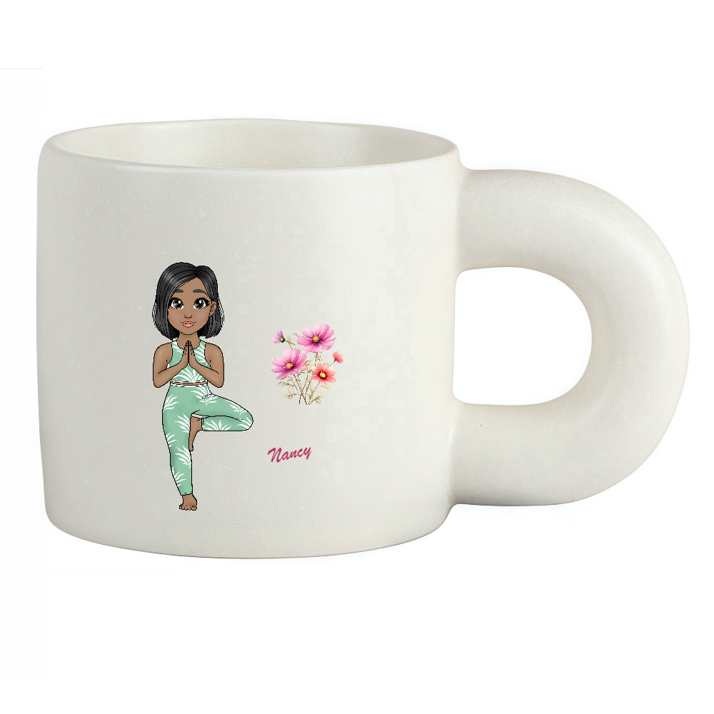 Personalized Cartoon Sports Yoga Fitness Girl Coffee Cup Cartoon Ceramic Mug Chubby Big Ear Cup With Birth Flower and Name Birthday Gift for Women