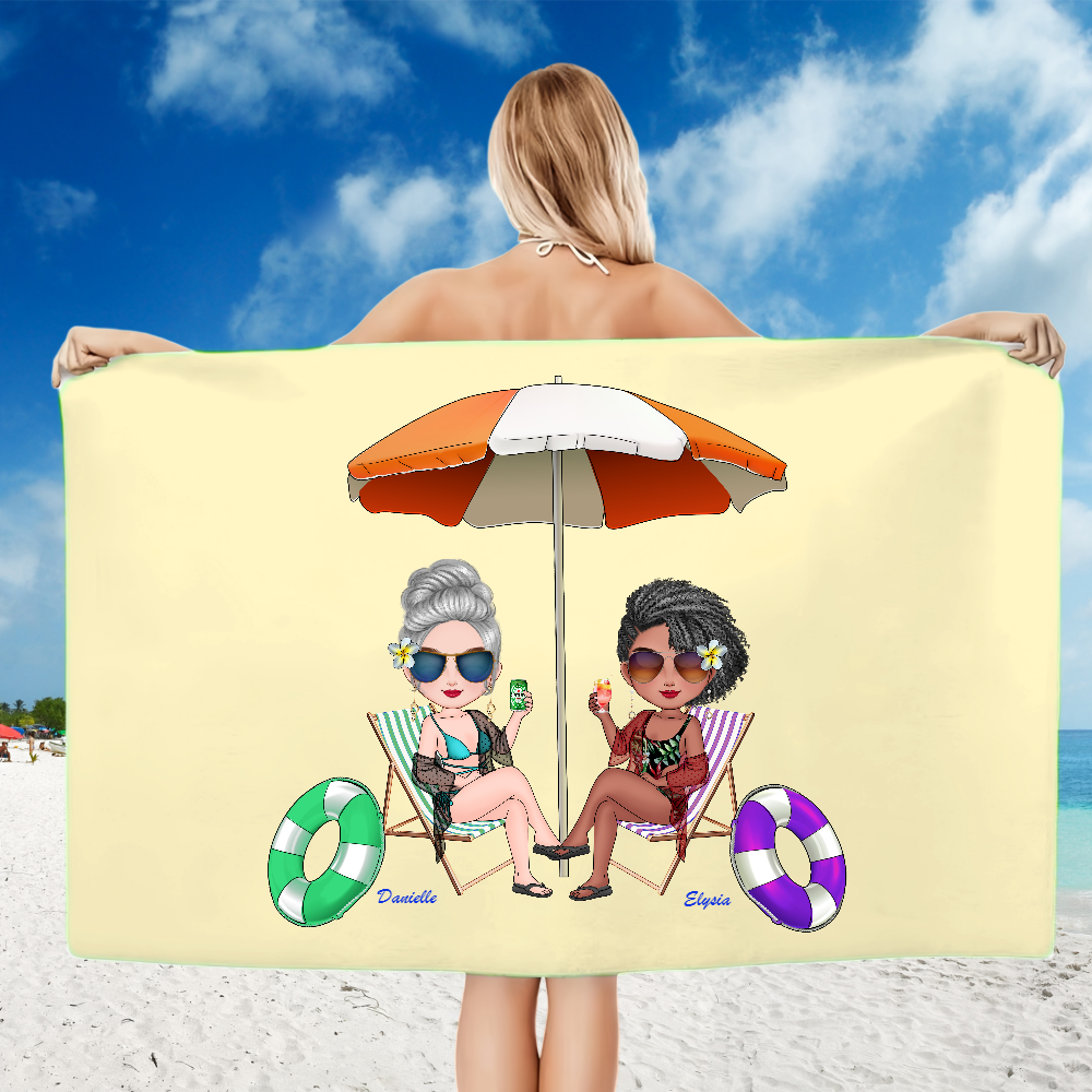 Personalized Cartoon Summer Best Friends Soft Quick Dry Beach Towel with Name Vacation Beach Accessories Gift for Friend