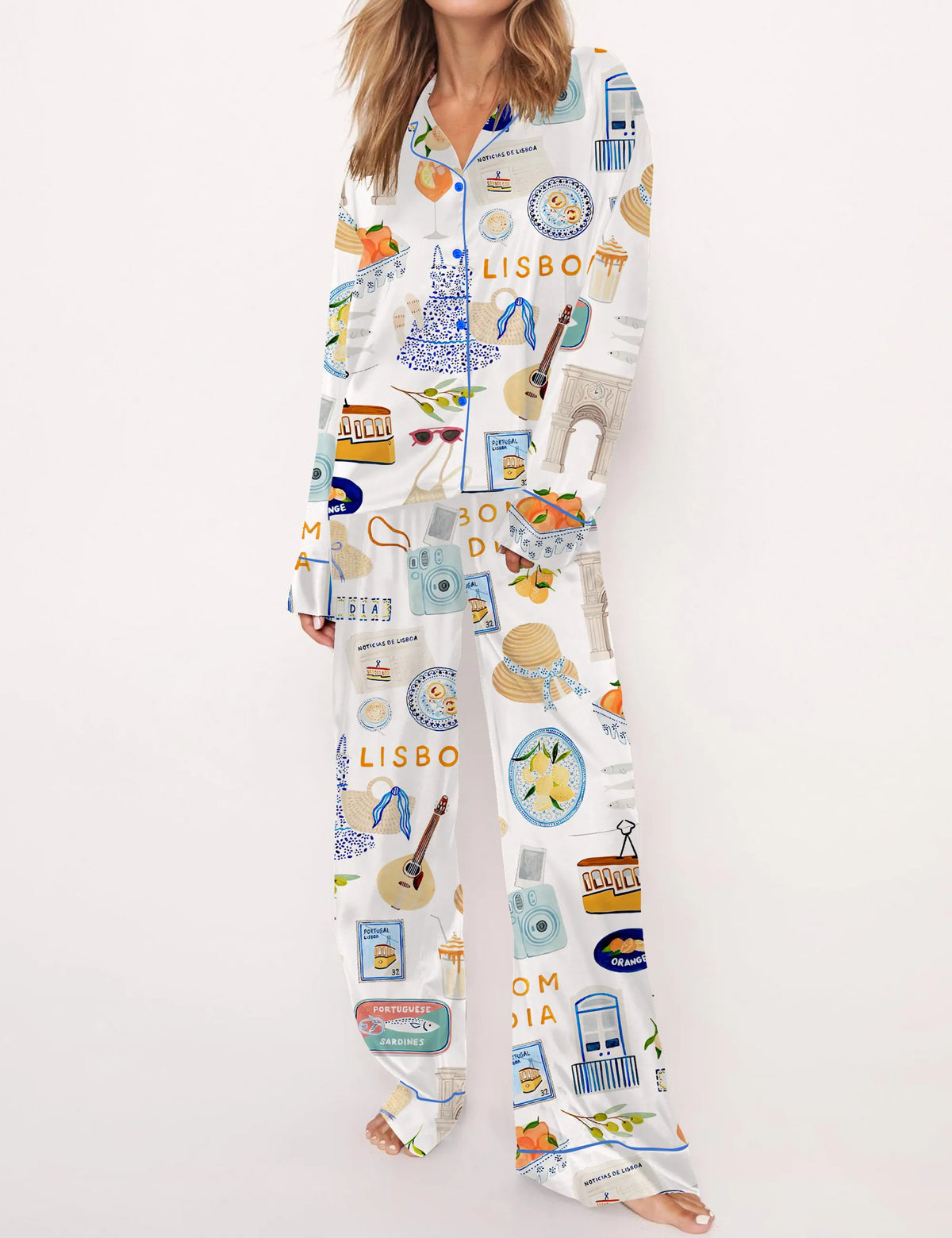 Lisbon Portugal Travel Silky Satin Pajama Set For Women	