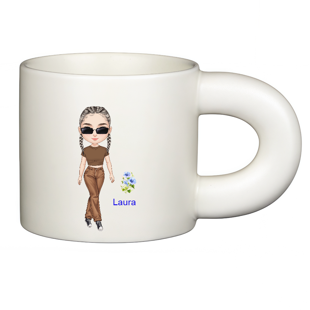 Personalized Cartoon Chili Girl Coffee Cup Cartoon Ceramic Mug Chubby Big Ear Cup With Birth Flower and Name Birthday Gift for Women