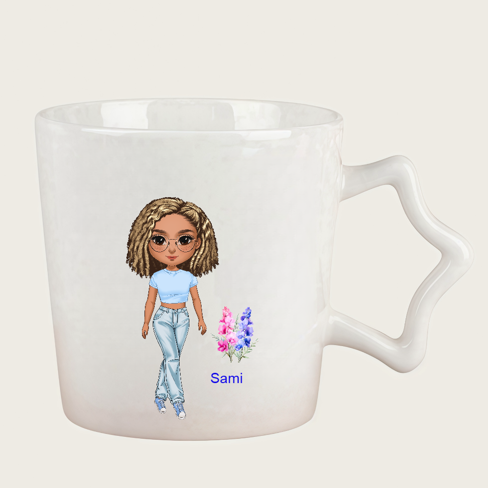 Personalized Cartoon Chibi Girl Coffee Cup Cartoon Ceramic Mug Star Handle Cup With Birth Flower and Name Birthday Gift for Women