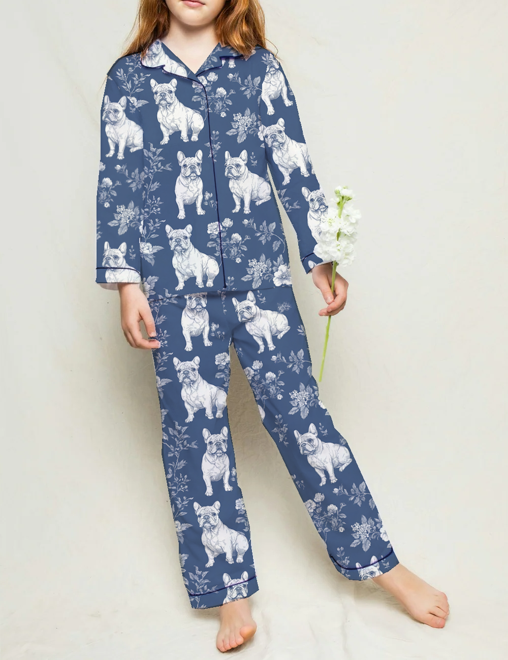 French Bulldogs Toile Kid's Silky Satin Pajama Set 