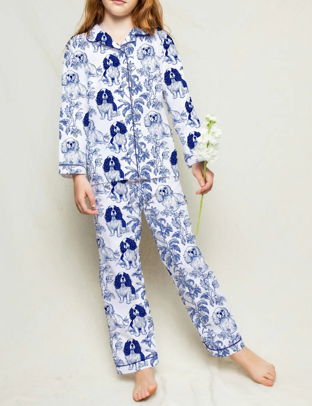 Cavalier King Charles Toile Kid's Silky Satin Pajama Set 