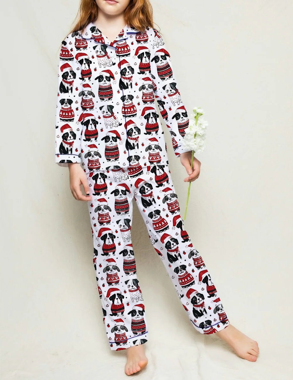 Cute Dogs In Santa Hats Kid's Silky Satin Pajama Set 