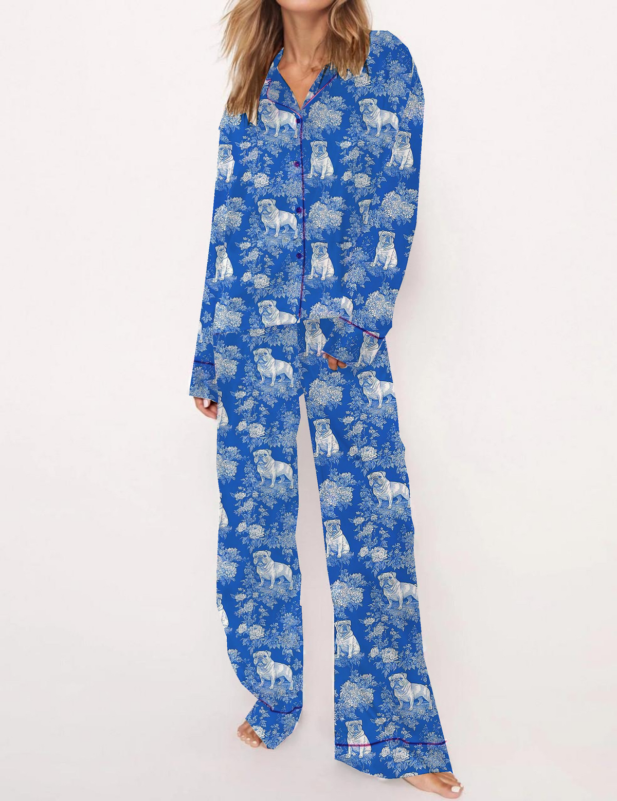 French Bulldog Toile Silky Satin Pajama Short Set For Women