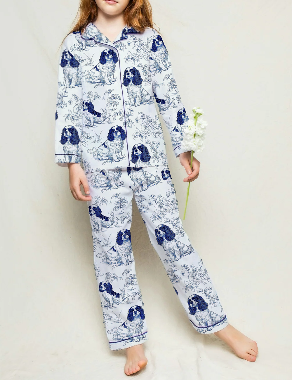 Cavalier King Charles Toile Kid's Silky Satin Pajama Set 