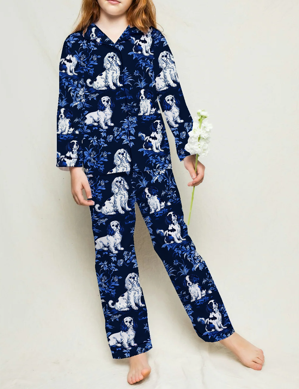 Cavalier King Charles Toile Kid's Silky Satin Pajama Set 