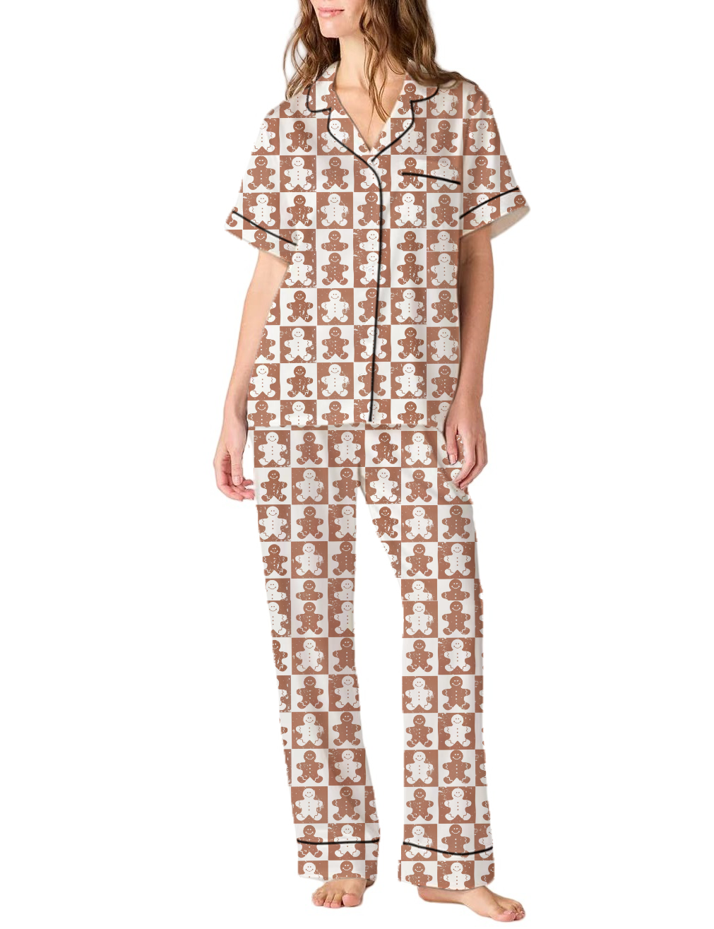 Gingerbread Man Silky Satin Pajama Pants Set For Women