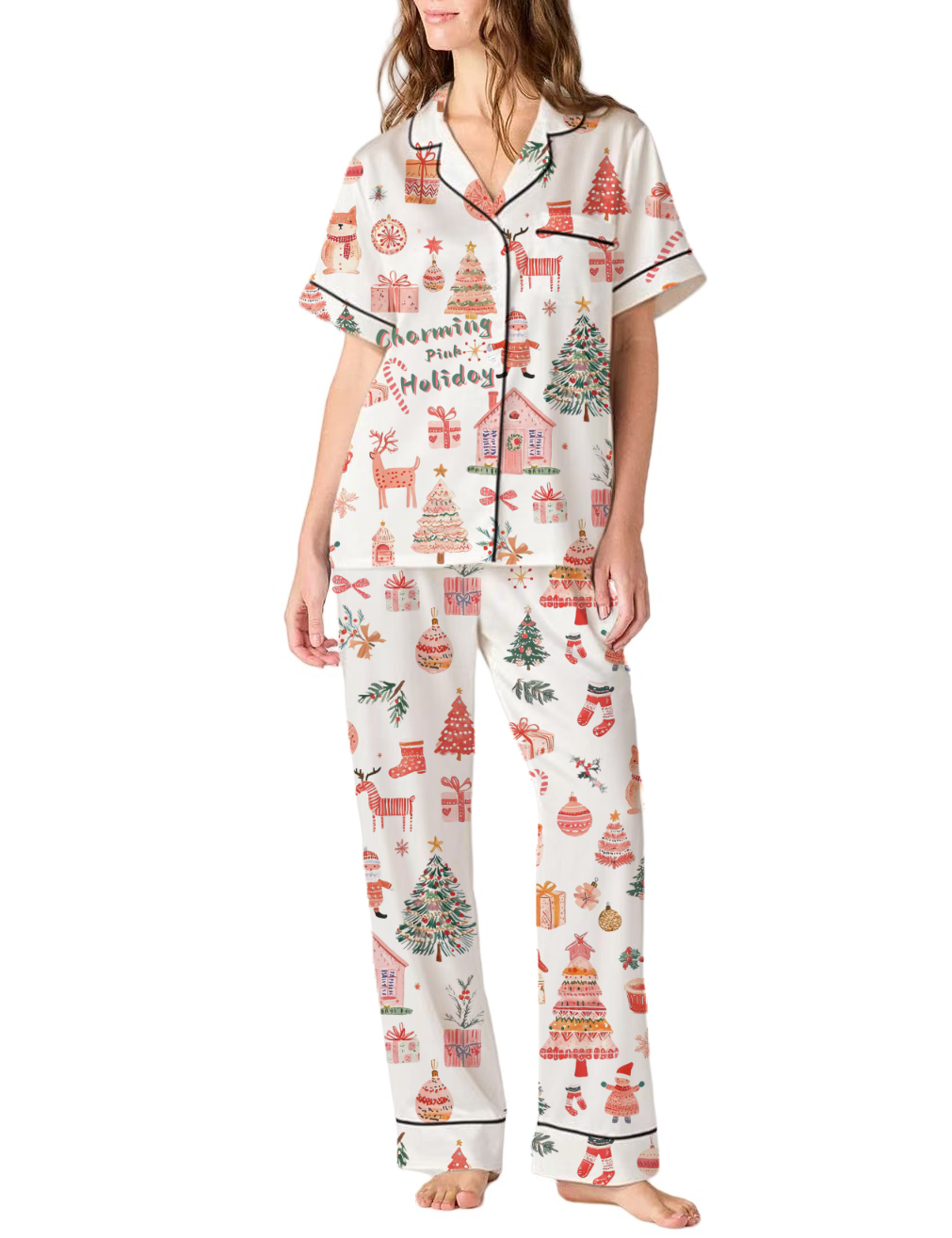 Christmas Theme Silky Satin Pajama Pants Set For Women