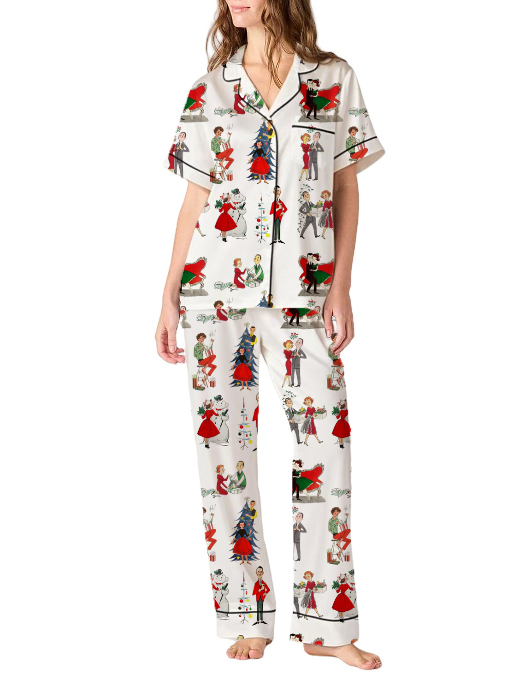 Christmas Theme Silky Satin Pajama Short Set For Women