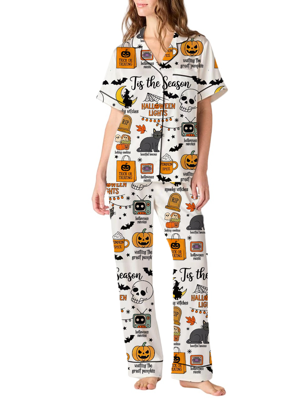 Retro Boho Halloween Ghost Silky Satin Pajama Short Set For Women