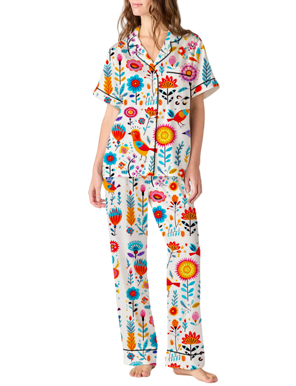 Mexican Flower Cinco de Mayo Floral Silky Satin Pajama Pants Set For Women