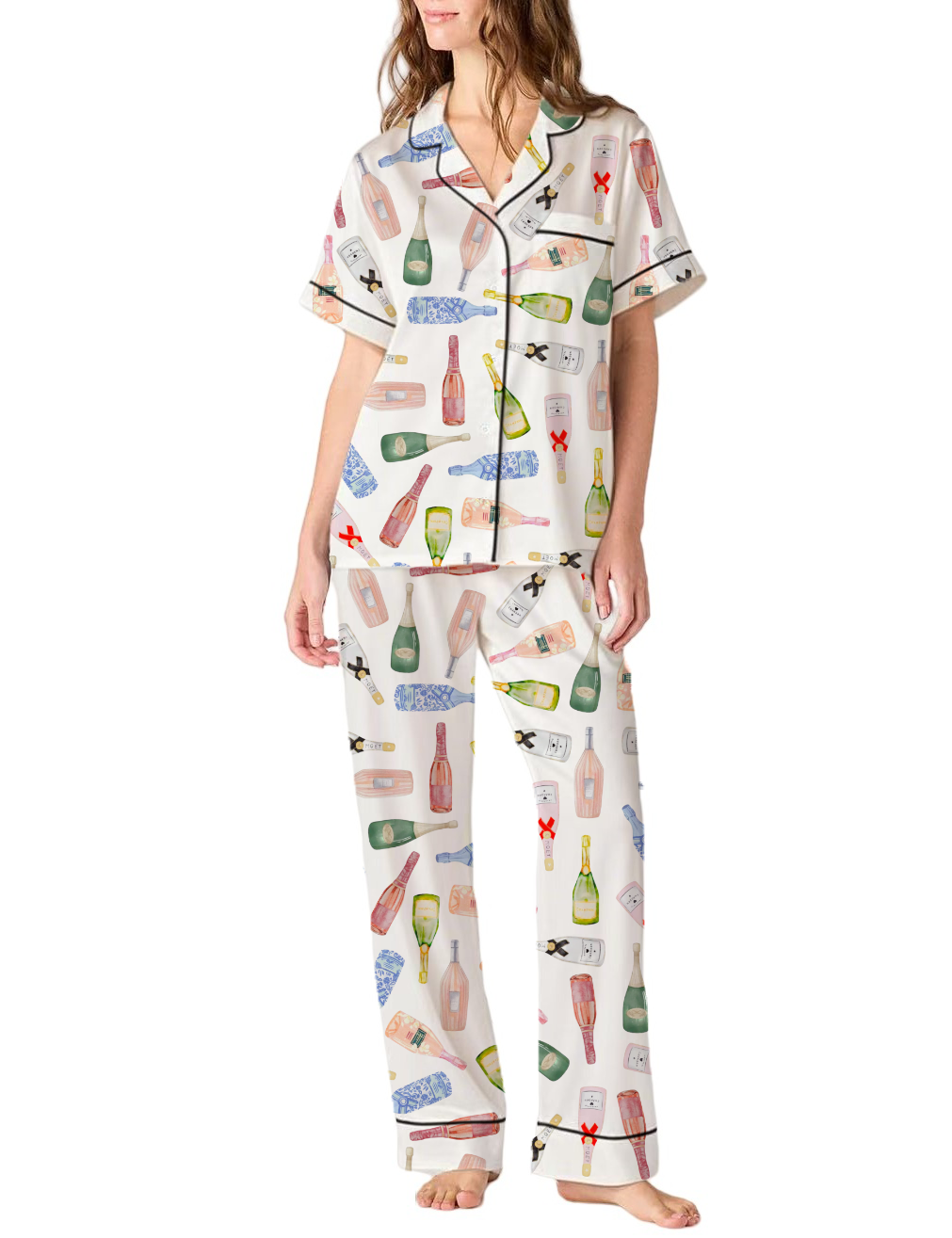 Champagne Bottles Silky Satin Pajama Pants Set For Women