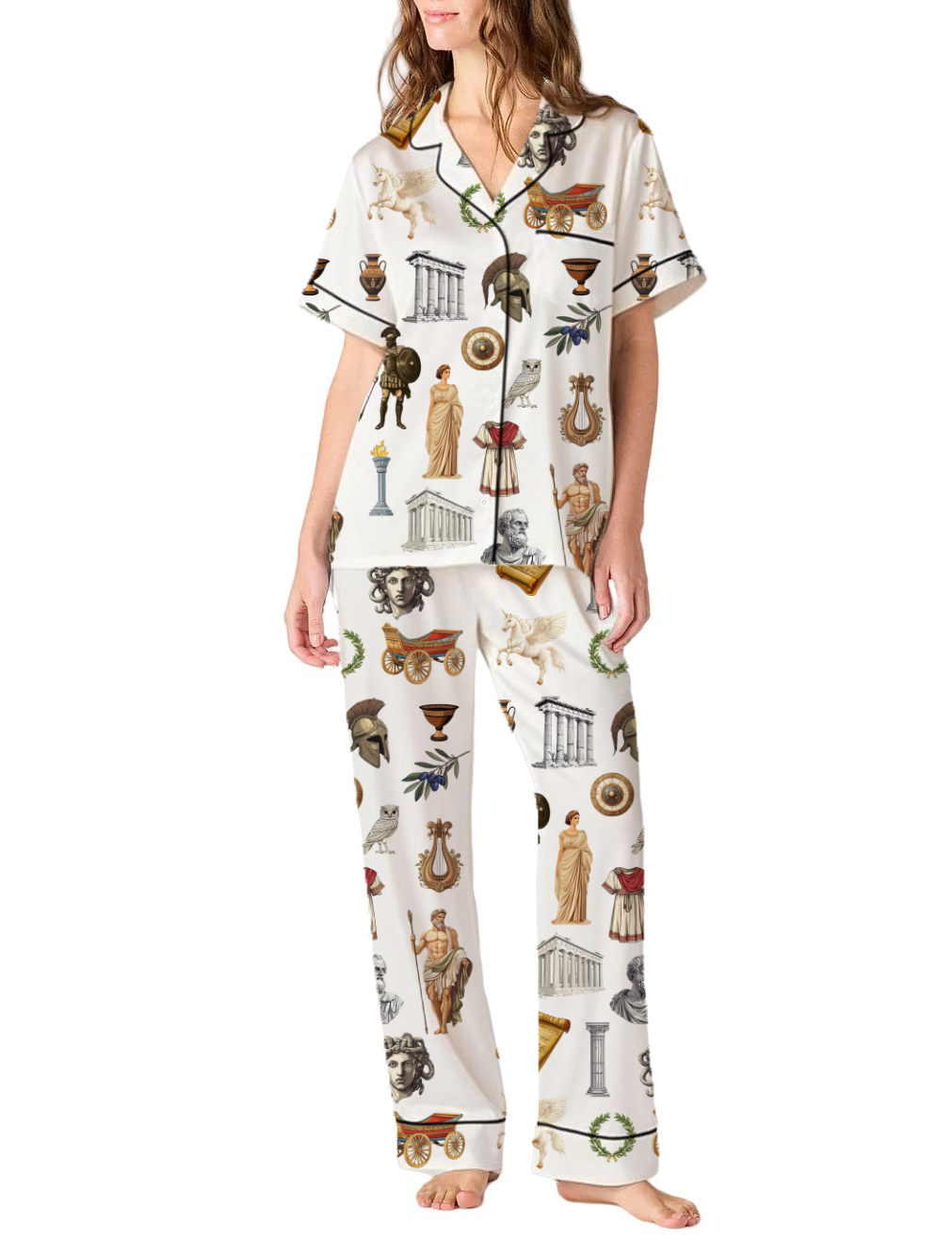 Greek Mythology Silky Satin Pajama Pants Set For Women