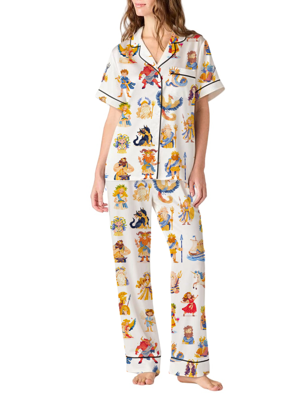 Greek Mythology Silky Satin Pajama Pants Set For Women