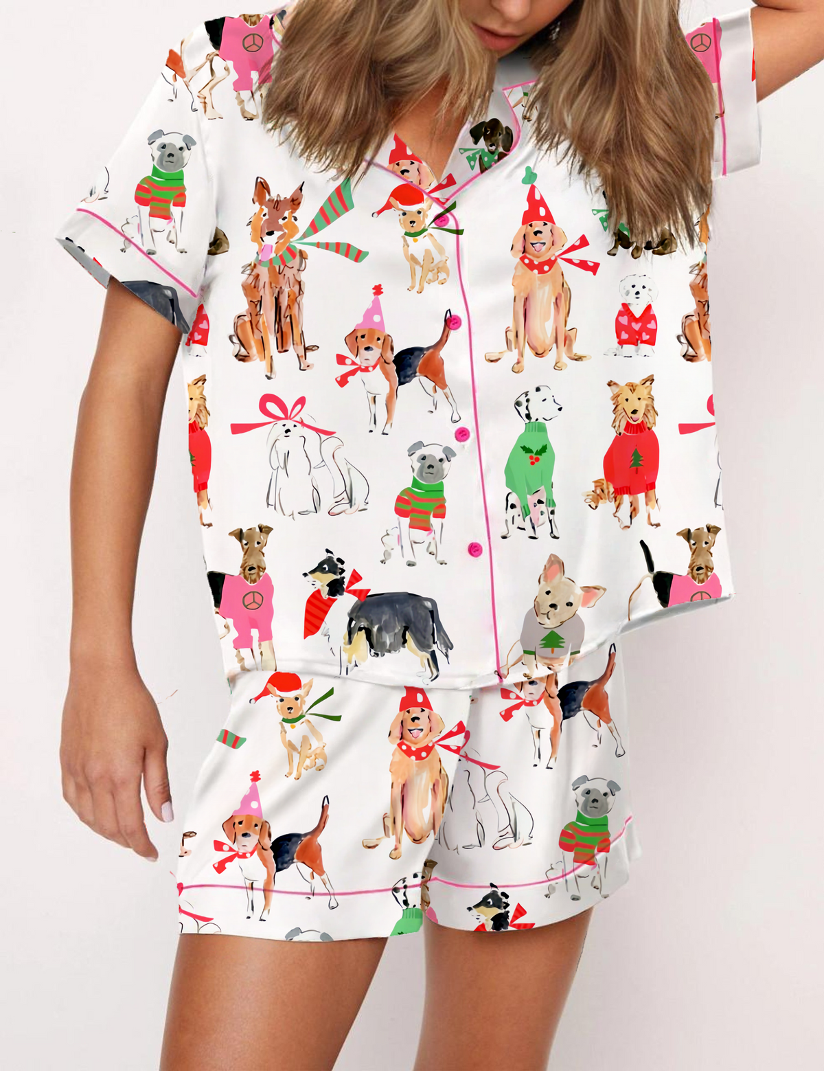 Christmas Dogs Silky Satin Pajama Short Set For Women