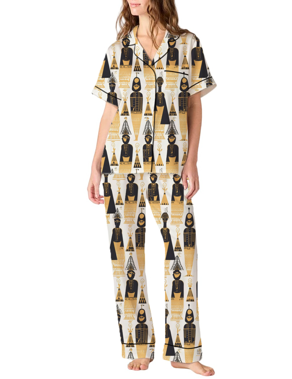 Egyptian Figures Pattern Silky Satin Pajama Pants Set For Women