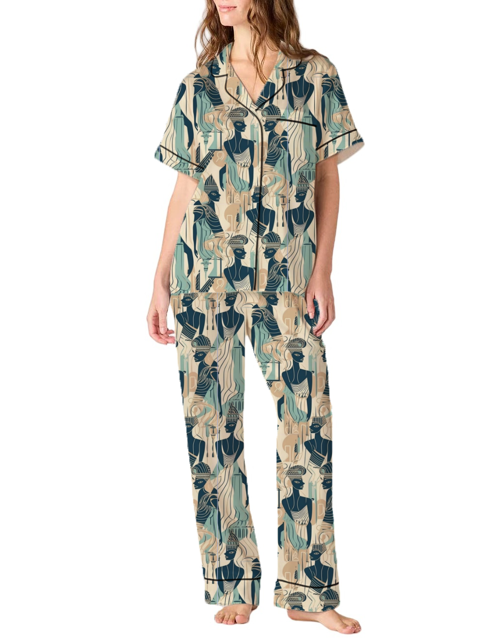 Egyptian Figures Pattern Silky Satin Pajama Pants Set For Women