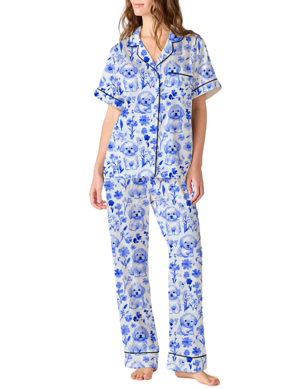 Maltese Toile Silky Satin Pajama Pants Set For Women