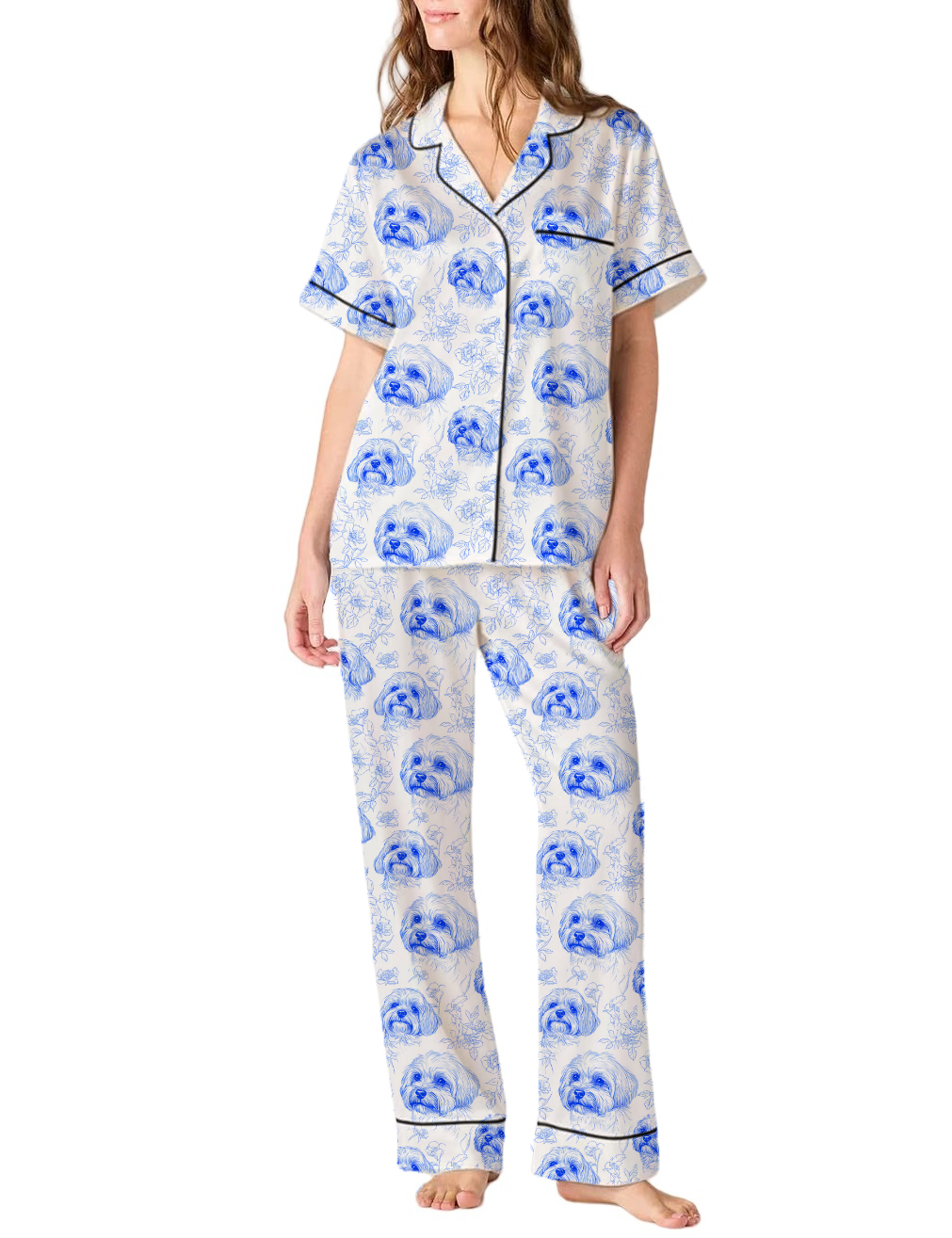 Maltese Toile Silky Satin Pajama Pants Set For Women