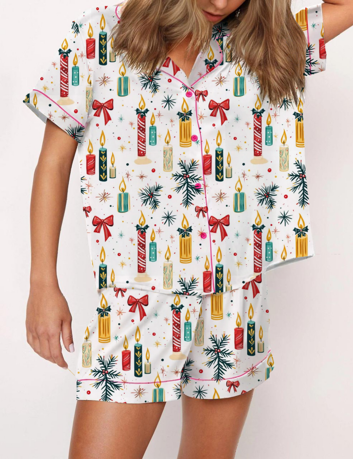 Christmas Candles Silky Satin Pajama Short Set For Women