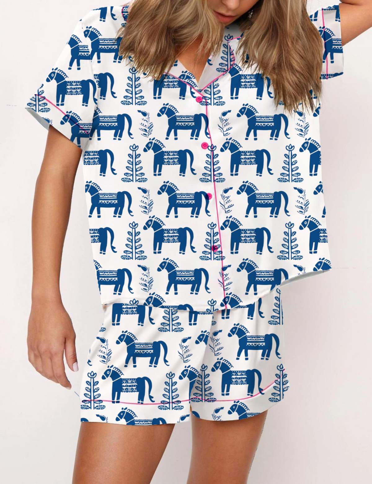 Dala Horse Silky Satin Pajama Short Set For Women