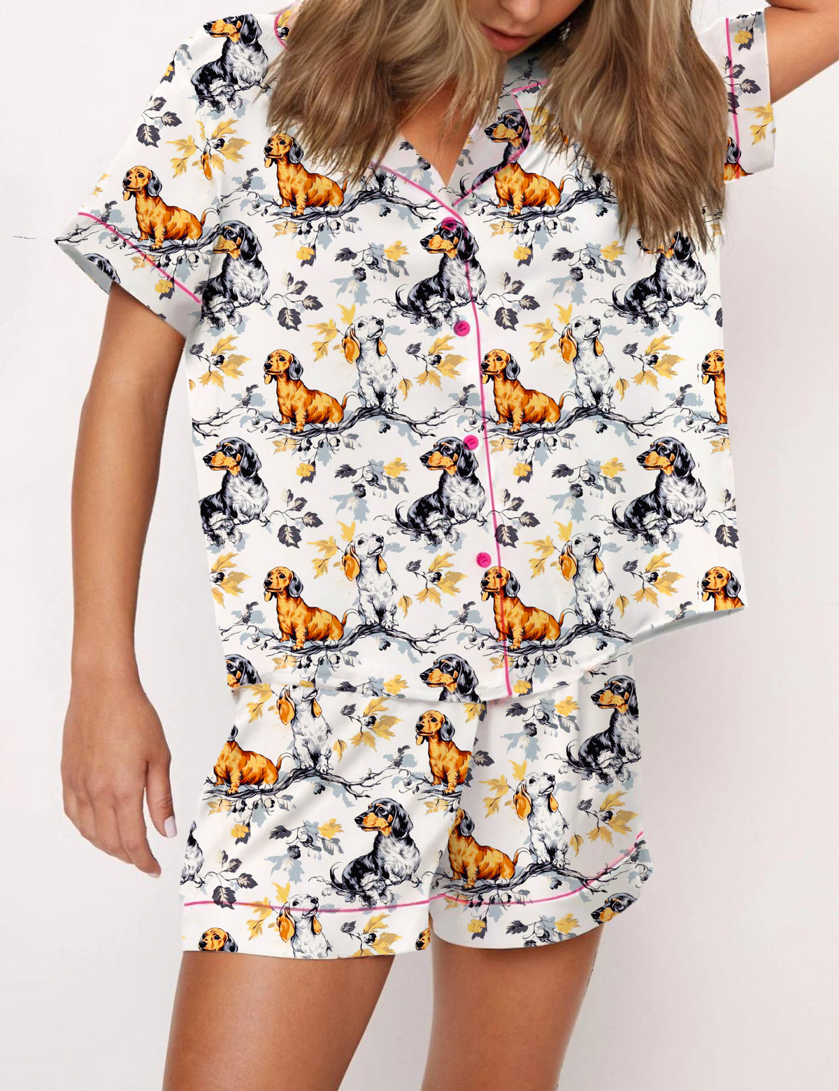 Dachshund Toile Silky Satin Pajama Short Set For Women