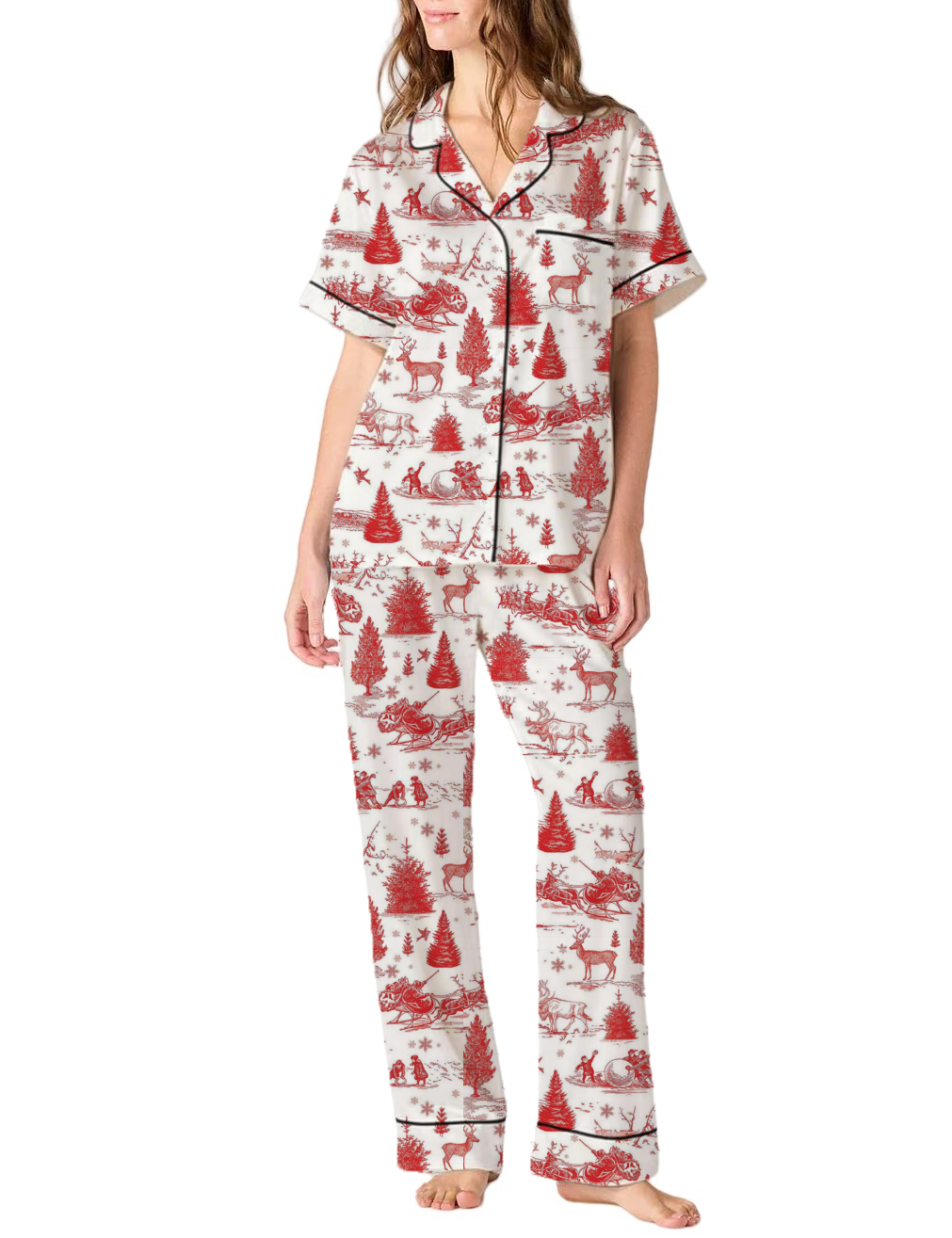 Christmas Toile Silky Satin Pajama Pants Set For Women
