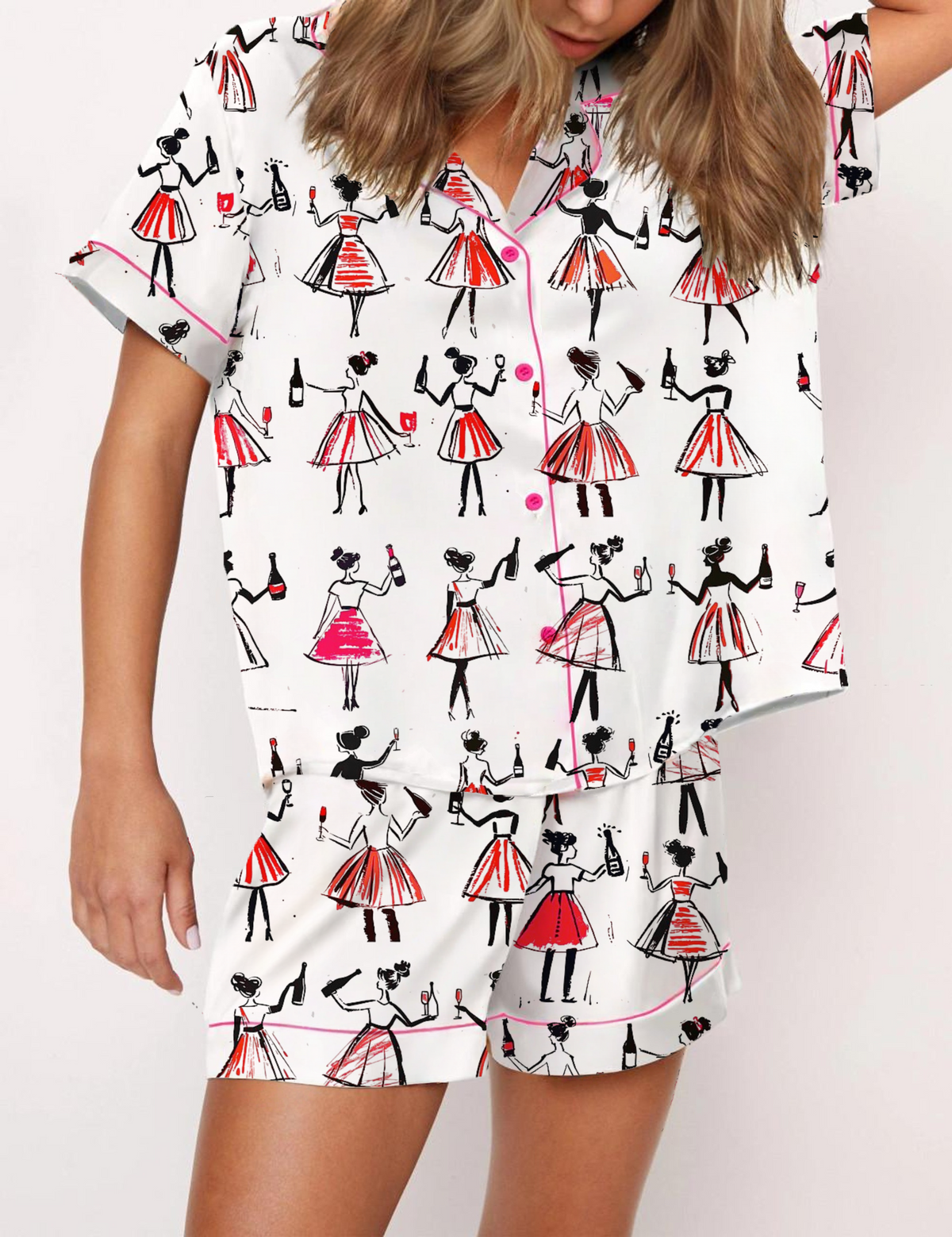 Whimsical Wine Silky Satin Pajama Short Set For Women