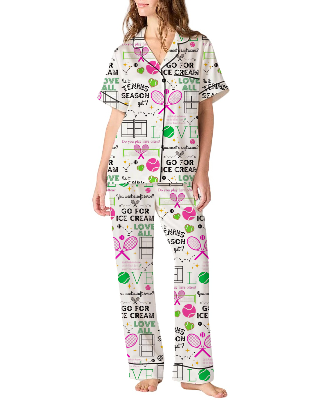 Tennis Theme Silky Satin Pajama Pants Set For Women