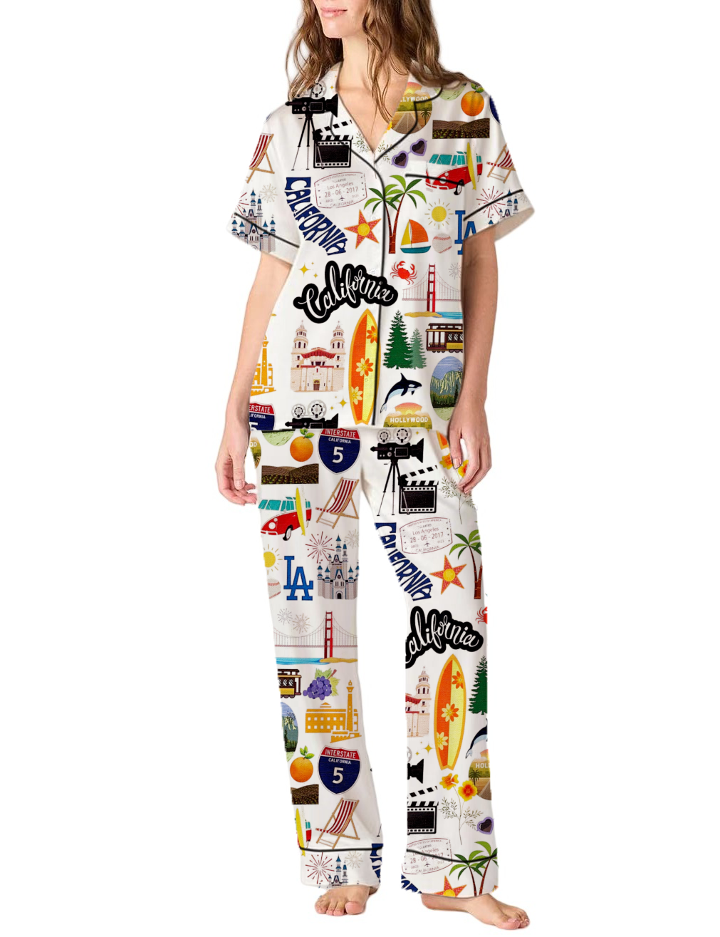 California Vacation Silky Satin Pajama Pants Set For Women