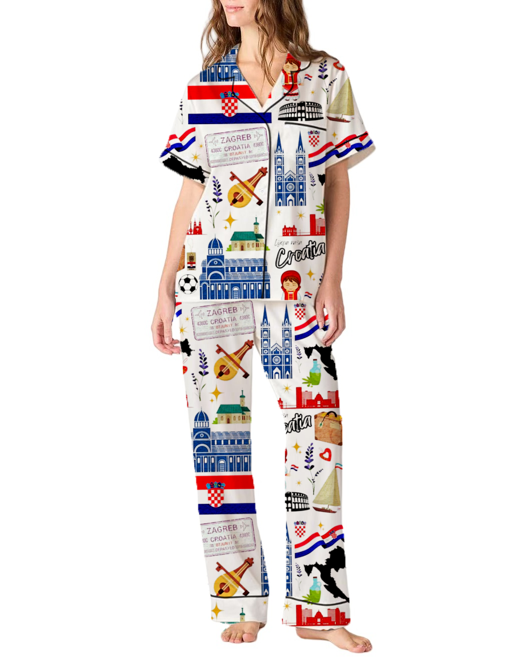 Croatia Travel Silky Satin Pajama Pants Set For Women