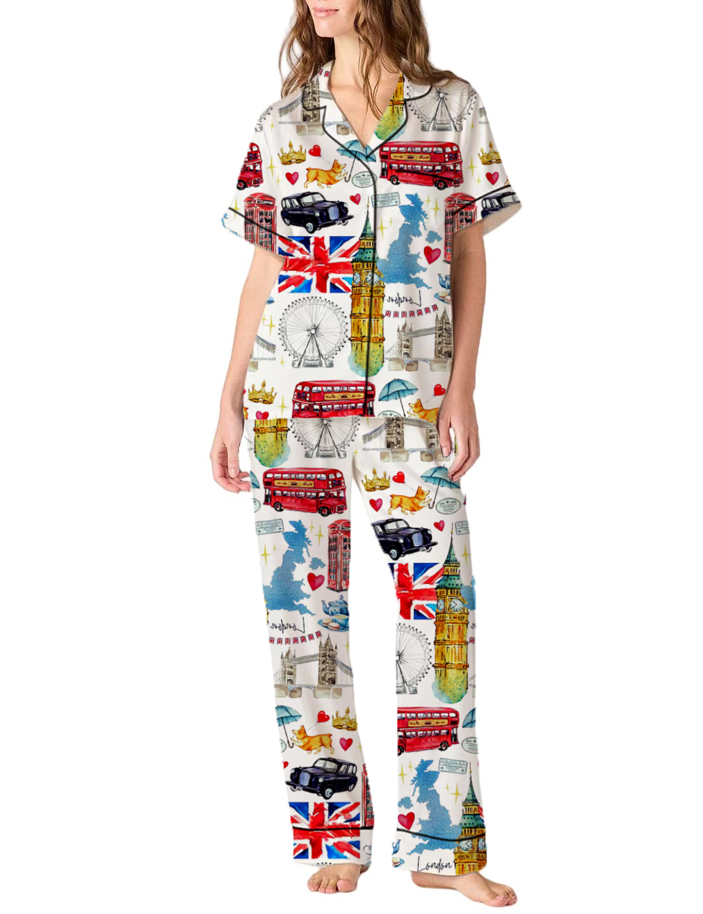 London Theme Silky Satin Pajama Pants Set For Women