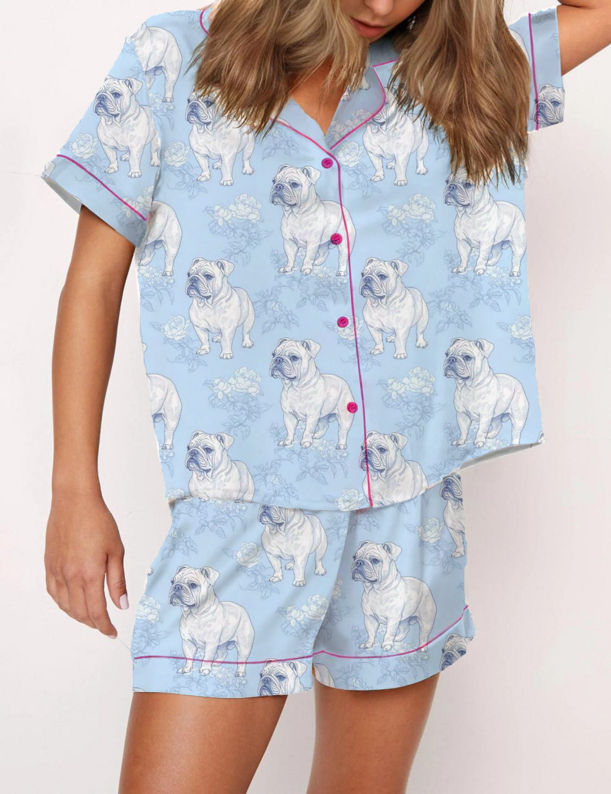French Bulldog Toile Silky Satin Pajama Short Set For Women