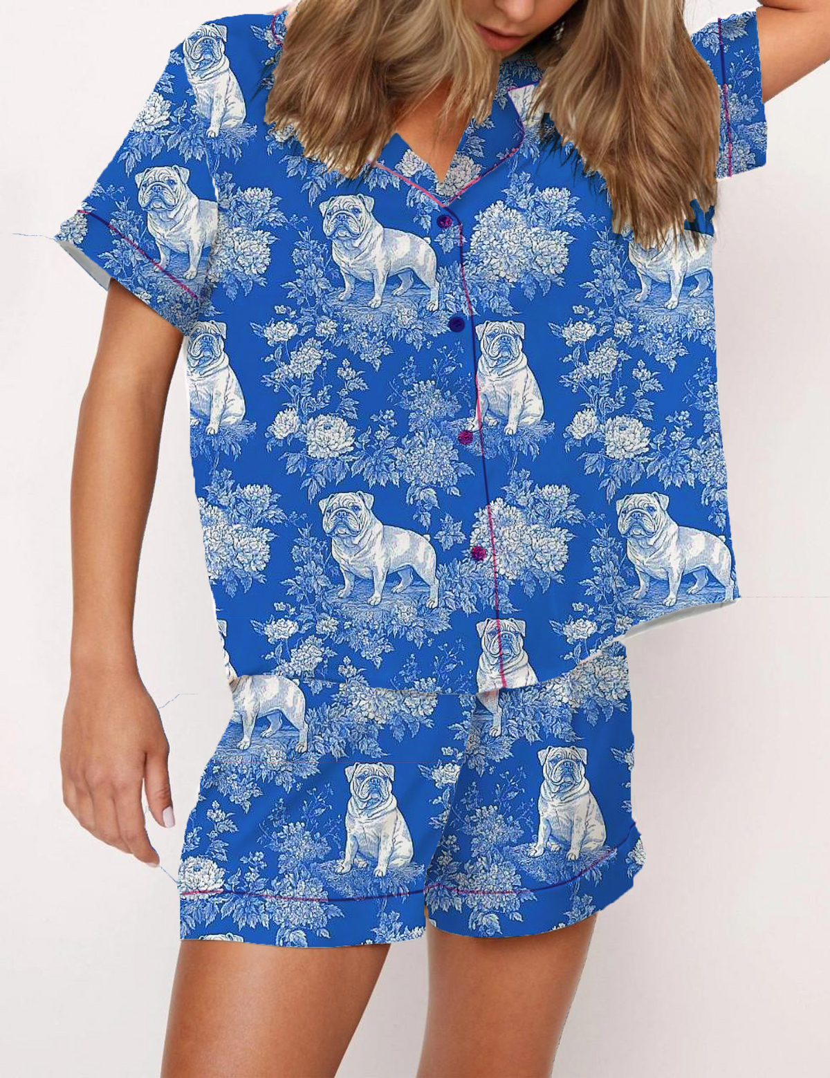 French Bulldog Toile Silky Satin Pajama Short Set For Women