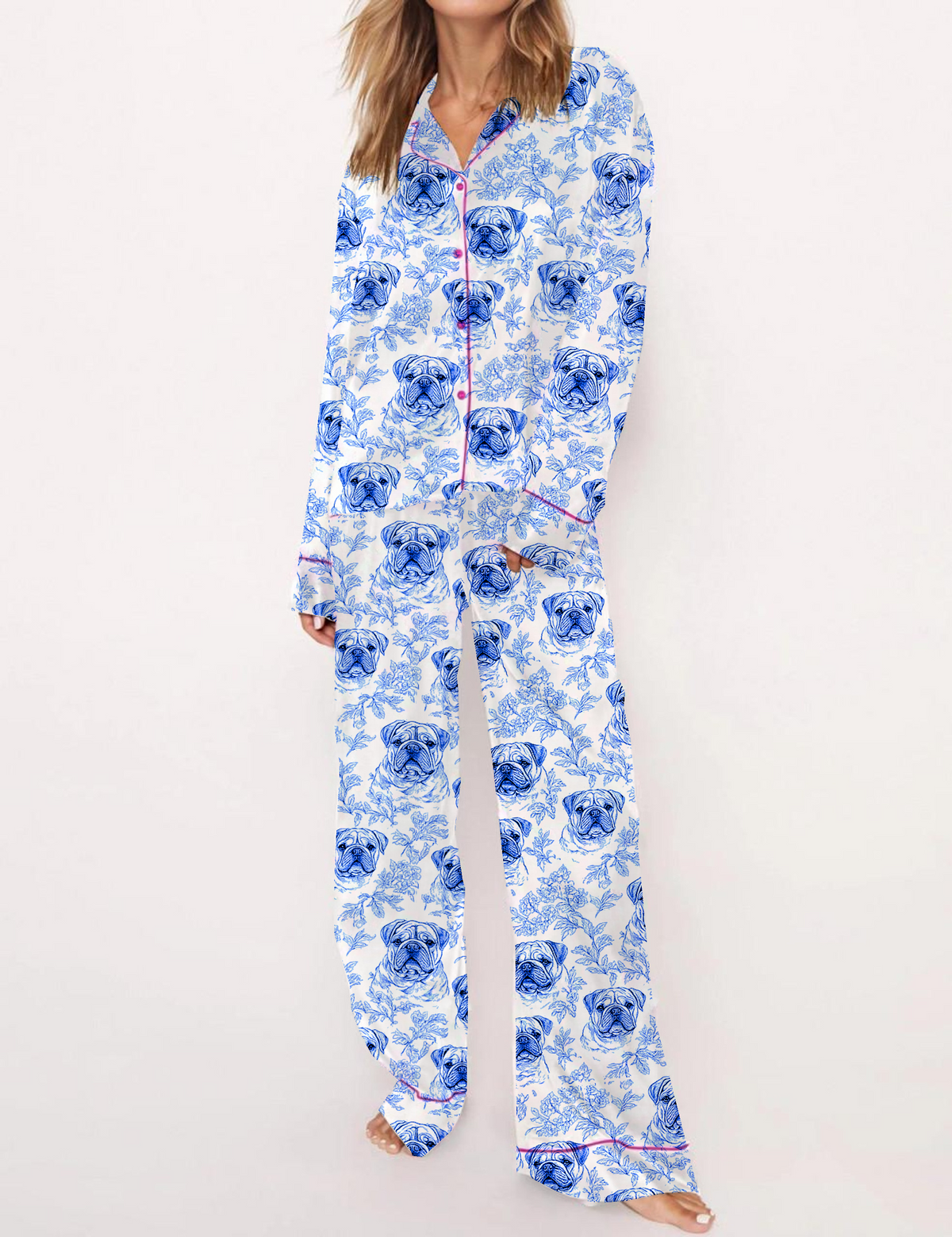French Bulldog Toile Silky Satin Pajama Set For Women