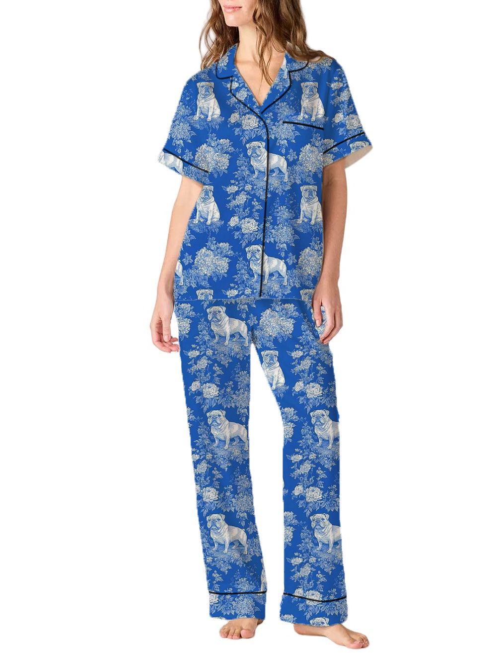 French Bulldog Toile Silky Satin Pajama Pants Set For Women