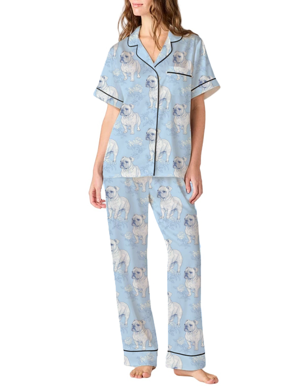 French Bulldog Toile Silky Satin Pajama Pants Set For Women