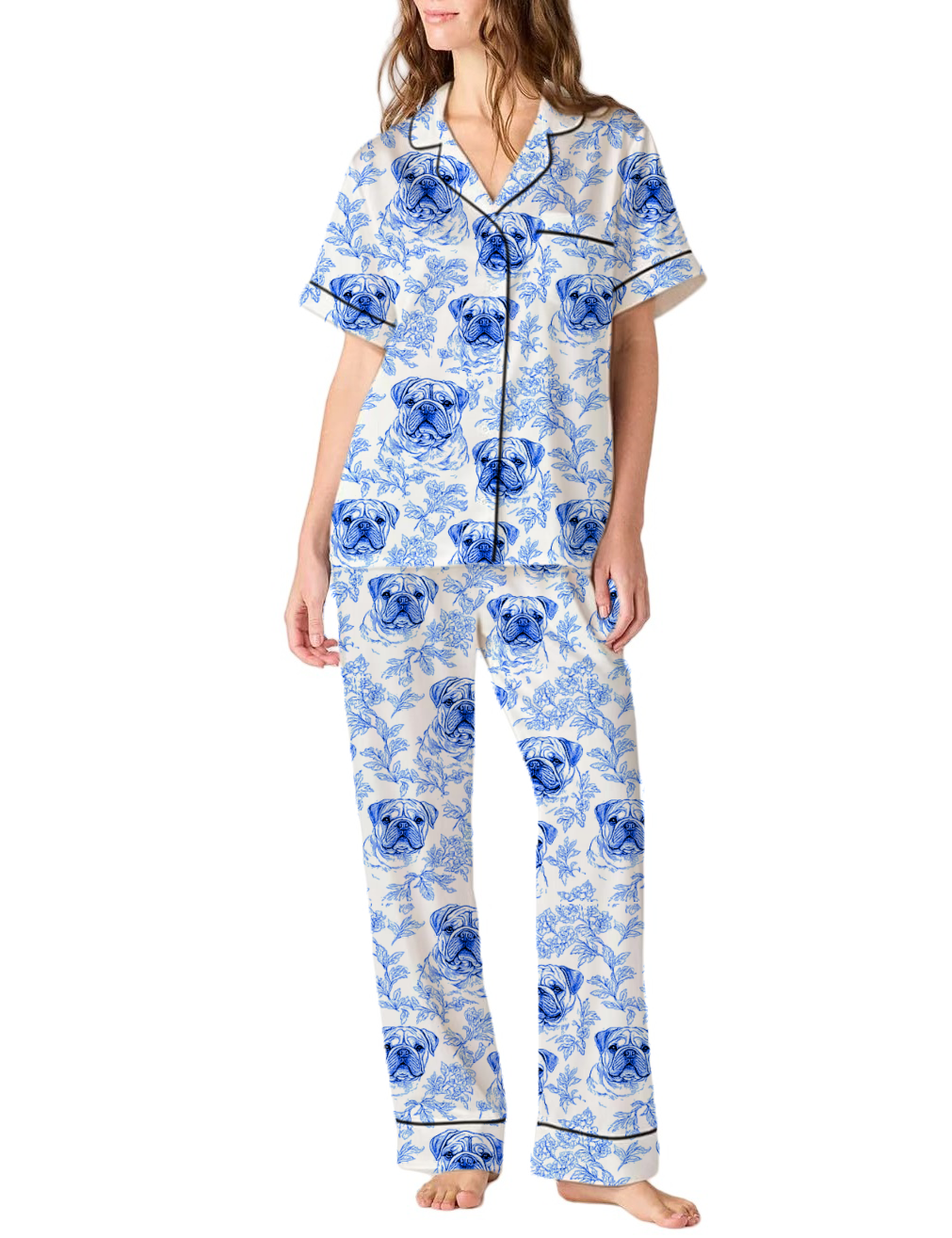 French Bulldog Toile Silky Satin Pajama Pants Set For Women