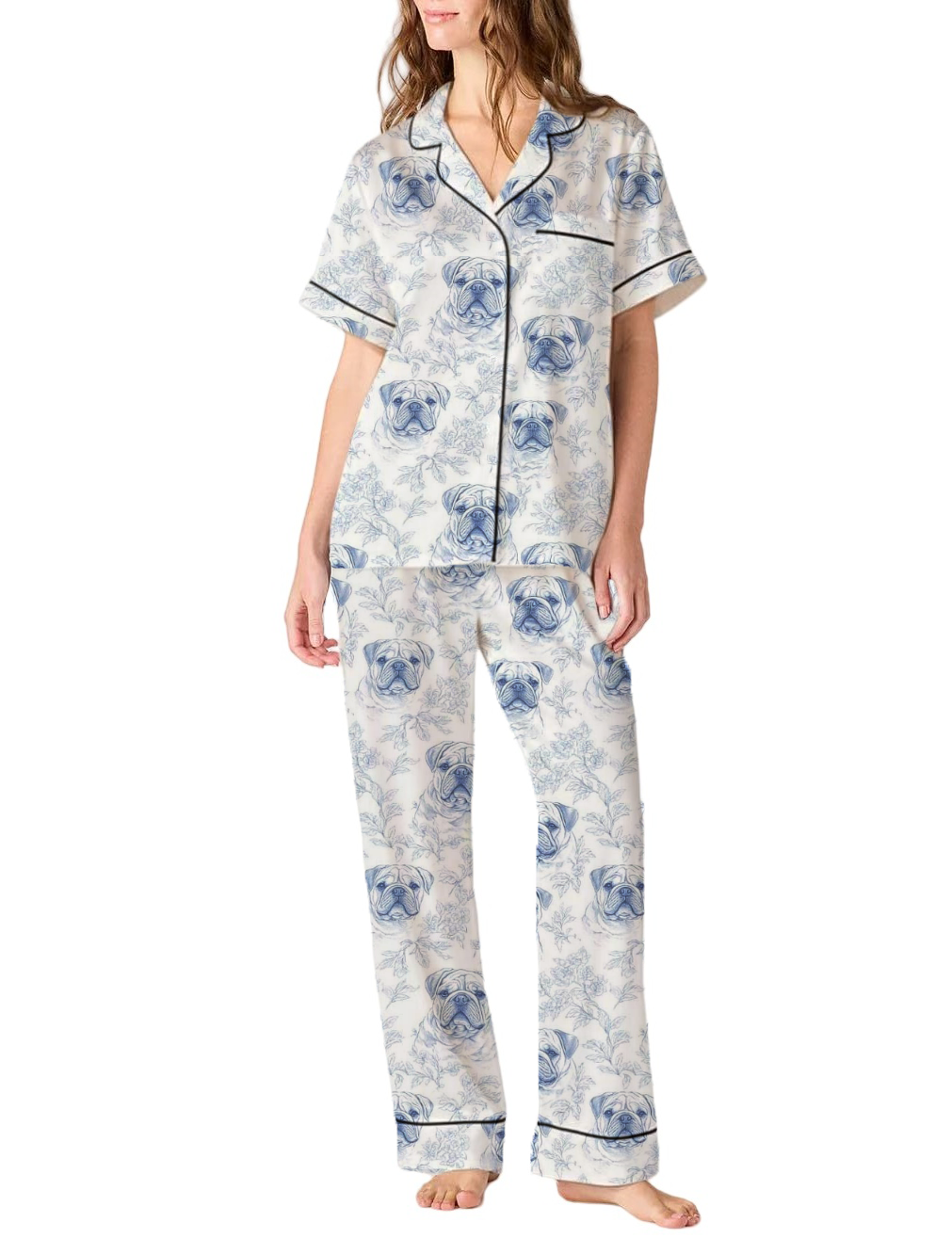 French Bulldog Toile Silky Satin Pajama Pants Set For Women