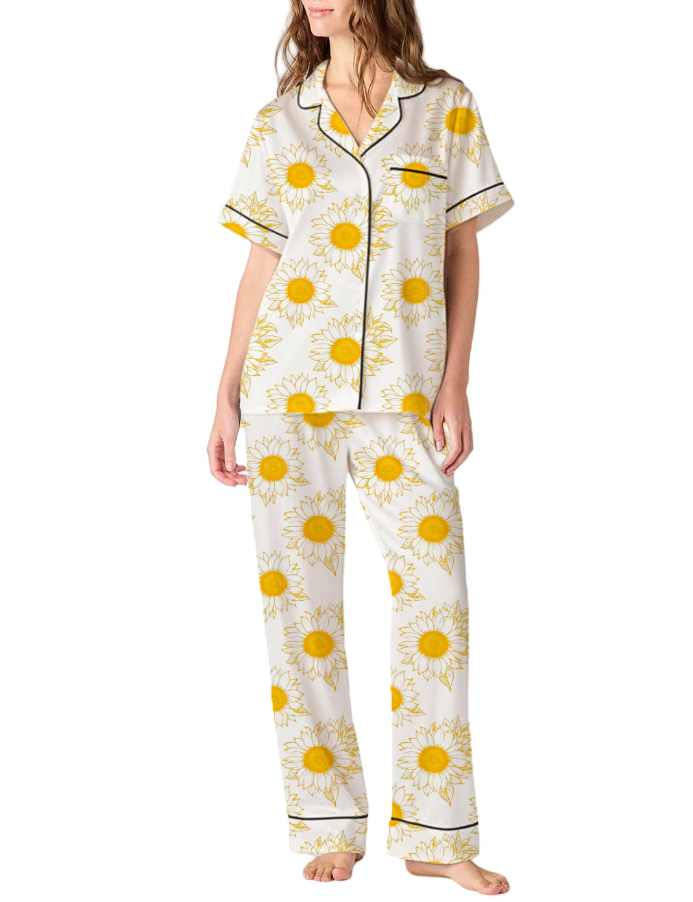 Sunflower Silky Satin Pajama Pants Set For Women