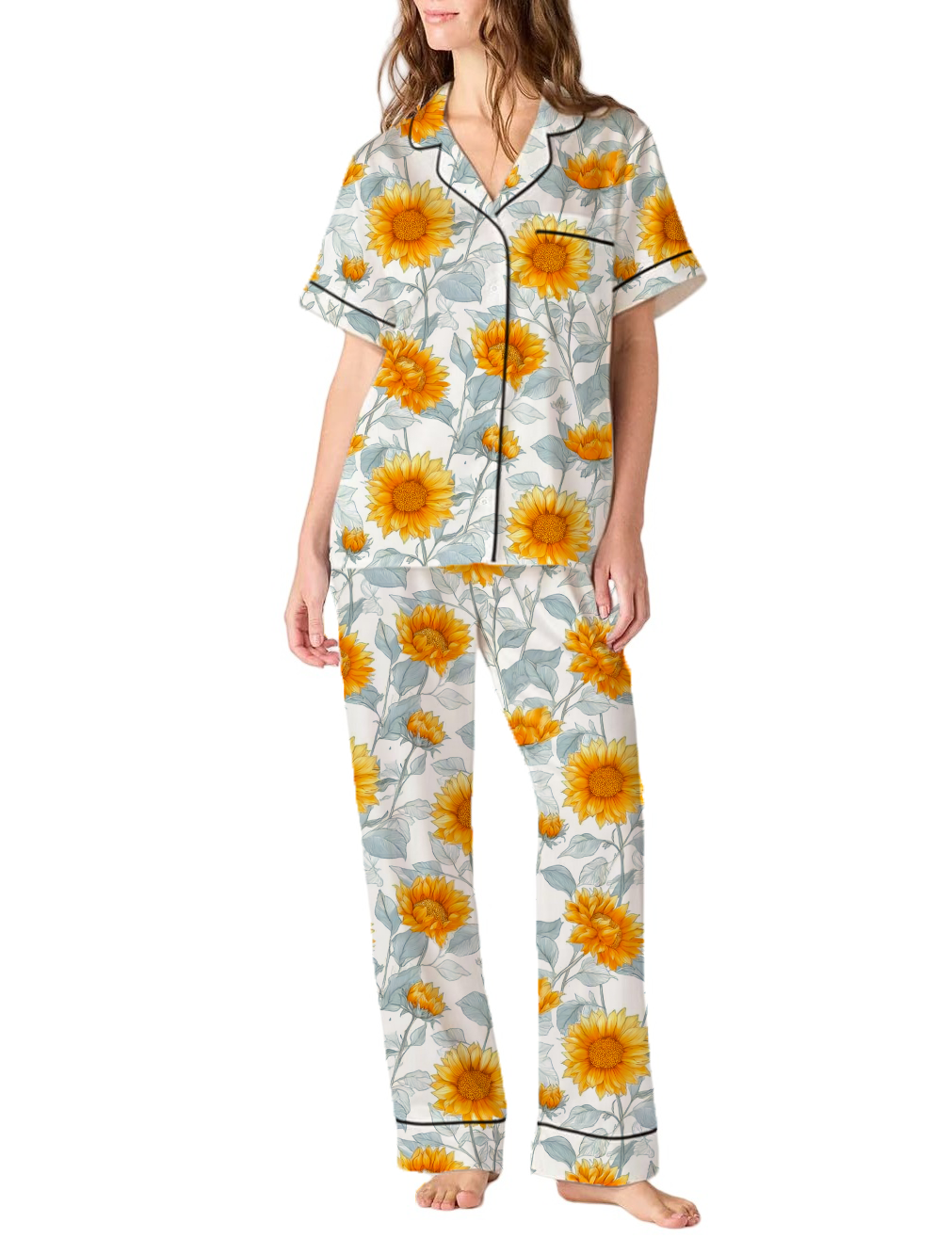 Sunflower Silky Satin Pajama Pants Set For Women