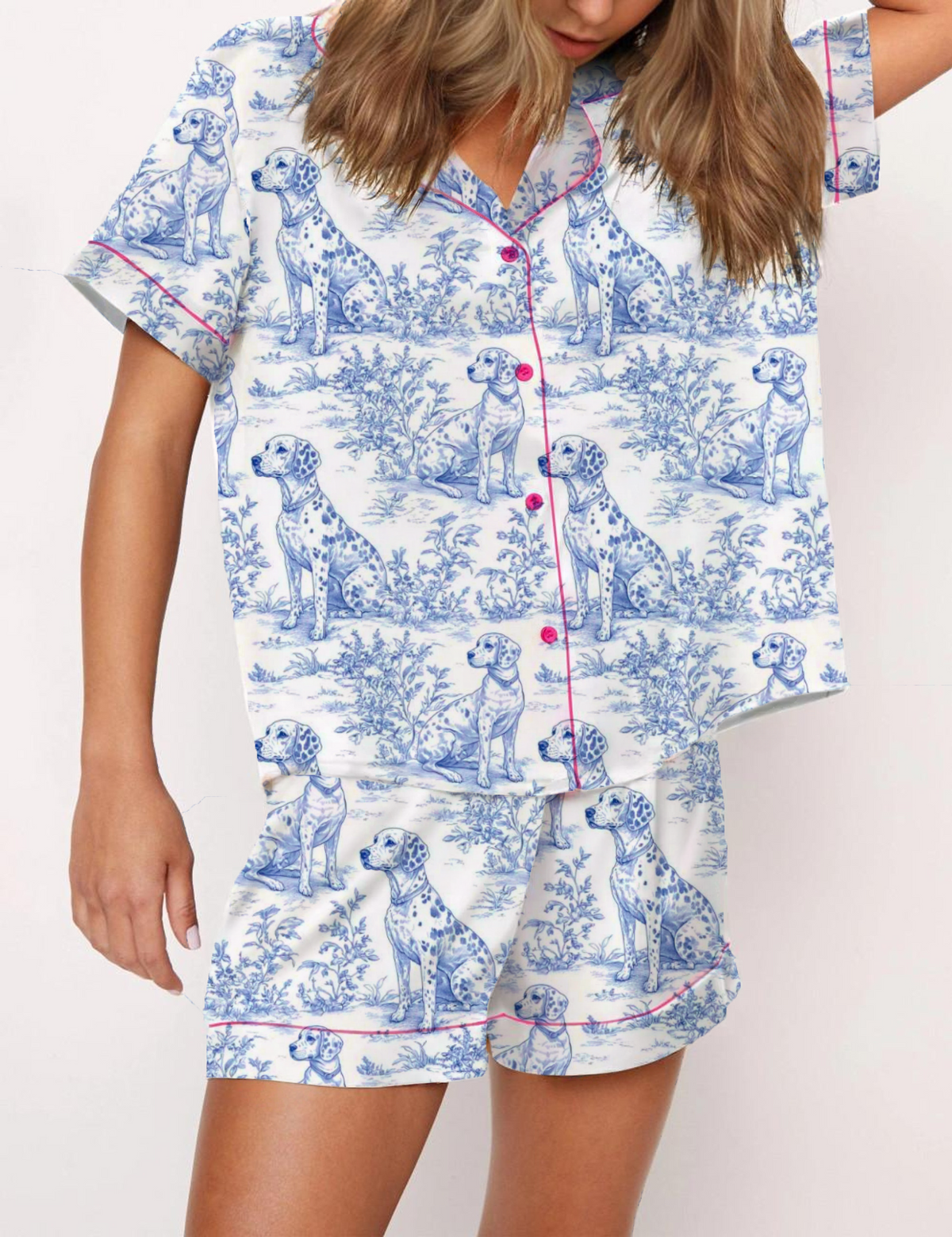 Dalmation Dogs Toile Silky Satin Pajama Short Set For Women