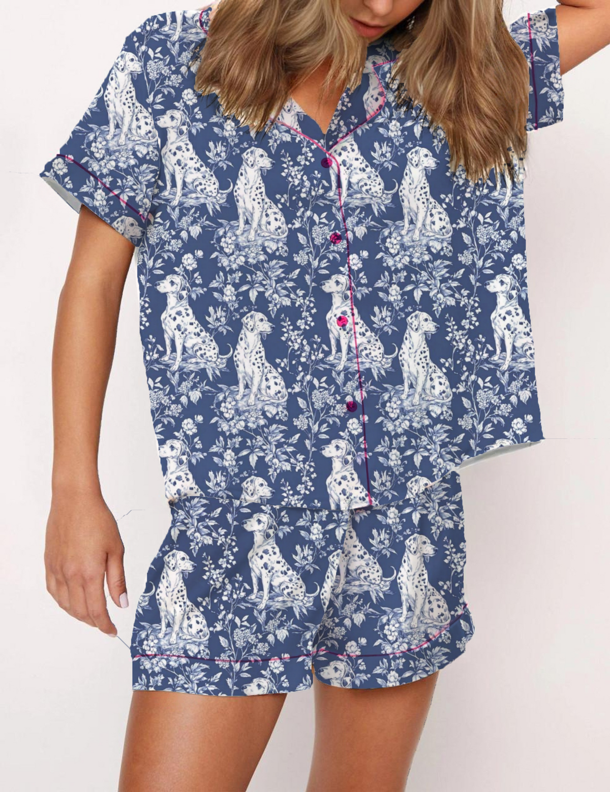 Dalmation Dogs Toile Silky Satin Pajama Short Set For Women