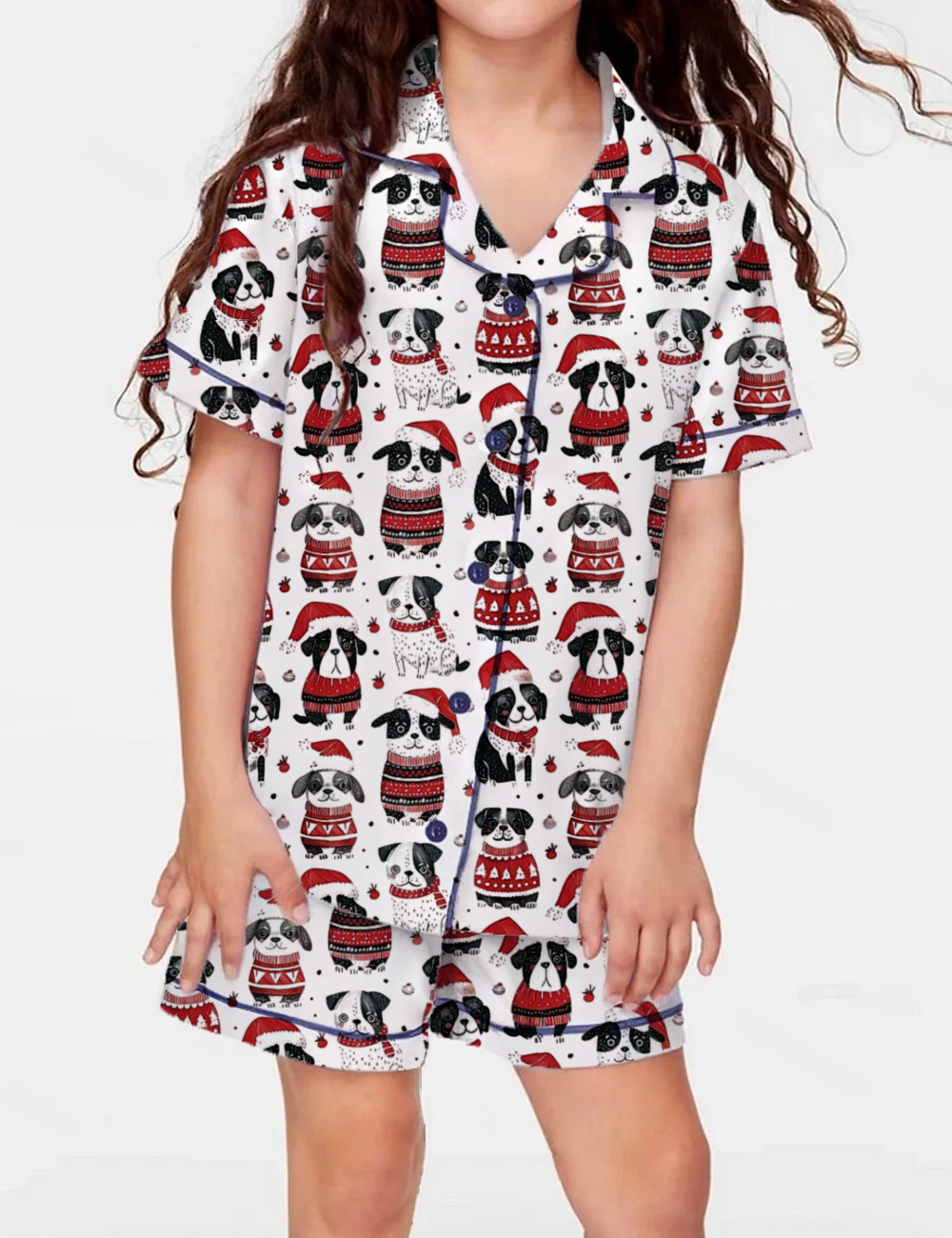 Cute Dogs In Santa Hats Kid's Short Sleeve  Silky Satin Pajama Set 