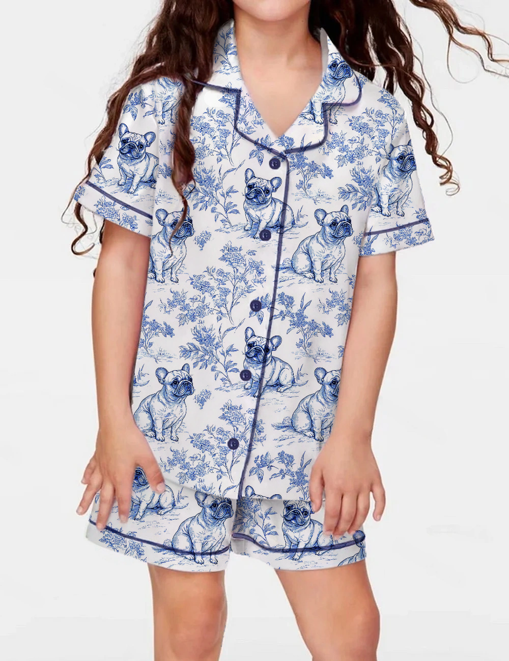 French Bulldogs Kid's Short Sleeve  Silky Satin Pajama Set 