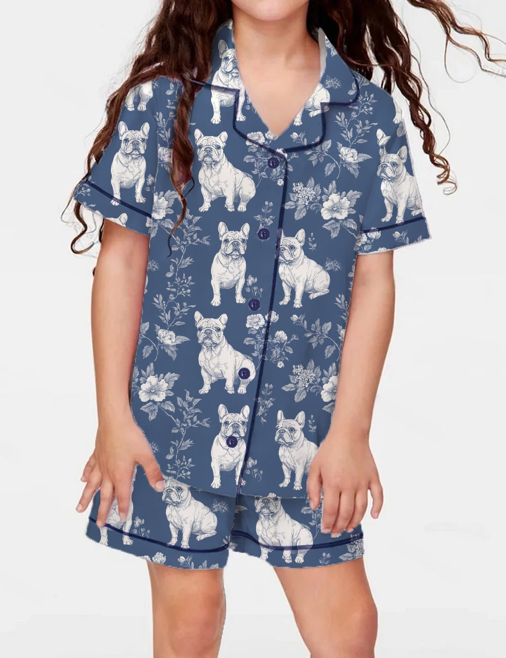 French Bulldogs Toile Kid's Short Sleeve  Silky Satin Pajama Set 