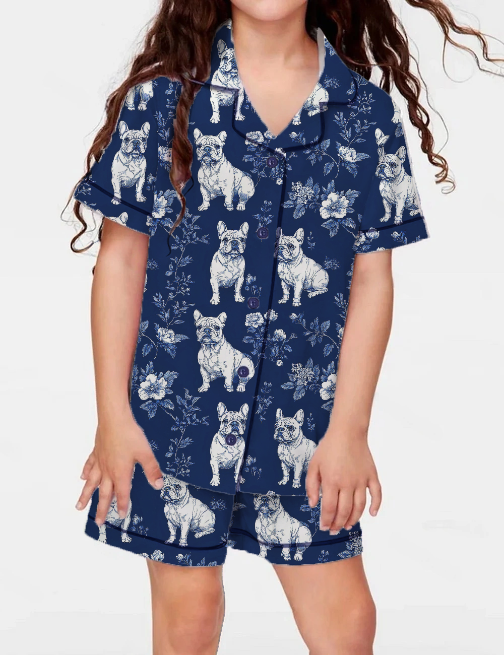 French Bulldogs Toile Kid's Short Sleeve  Silky Satin Pajama Set 