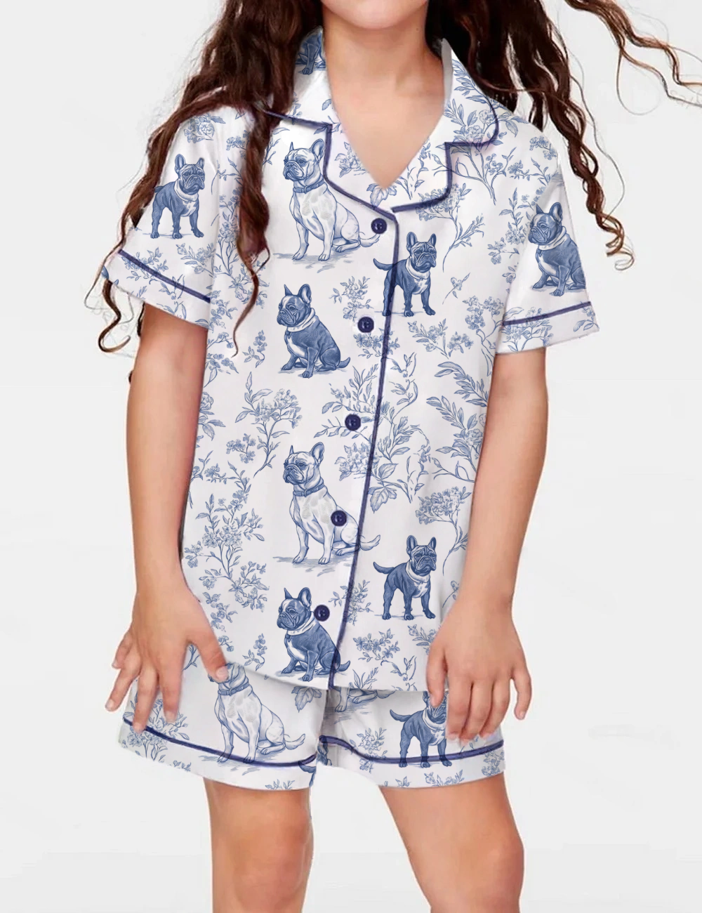 French Bulldogs Toile Kid's Short Sleeve  Silky Satin Pajama Set 