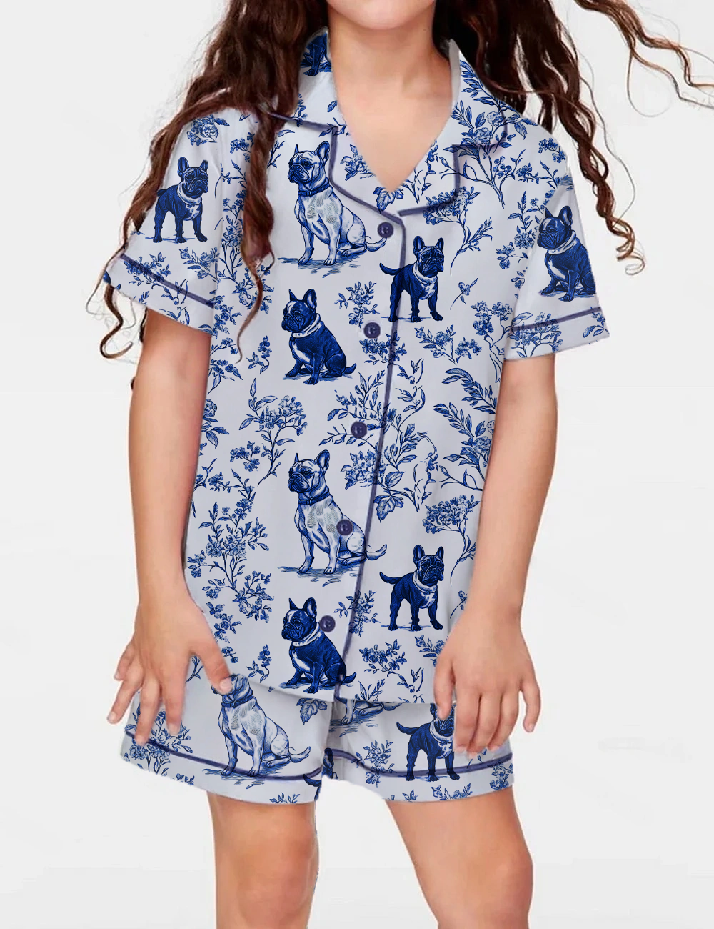 French Bulldogs Toile Kid's Short Sleeve  Silky Satin Pajama Set 